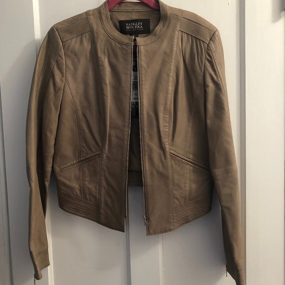 Moto-style Tan Leather Jacket Bagdley Mischka Collection - Picture 1 of 9